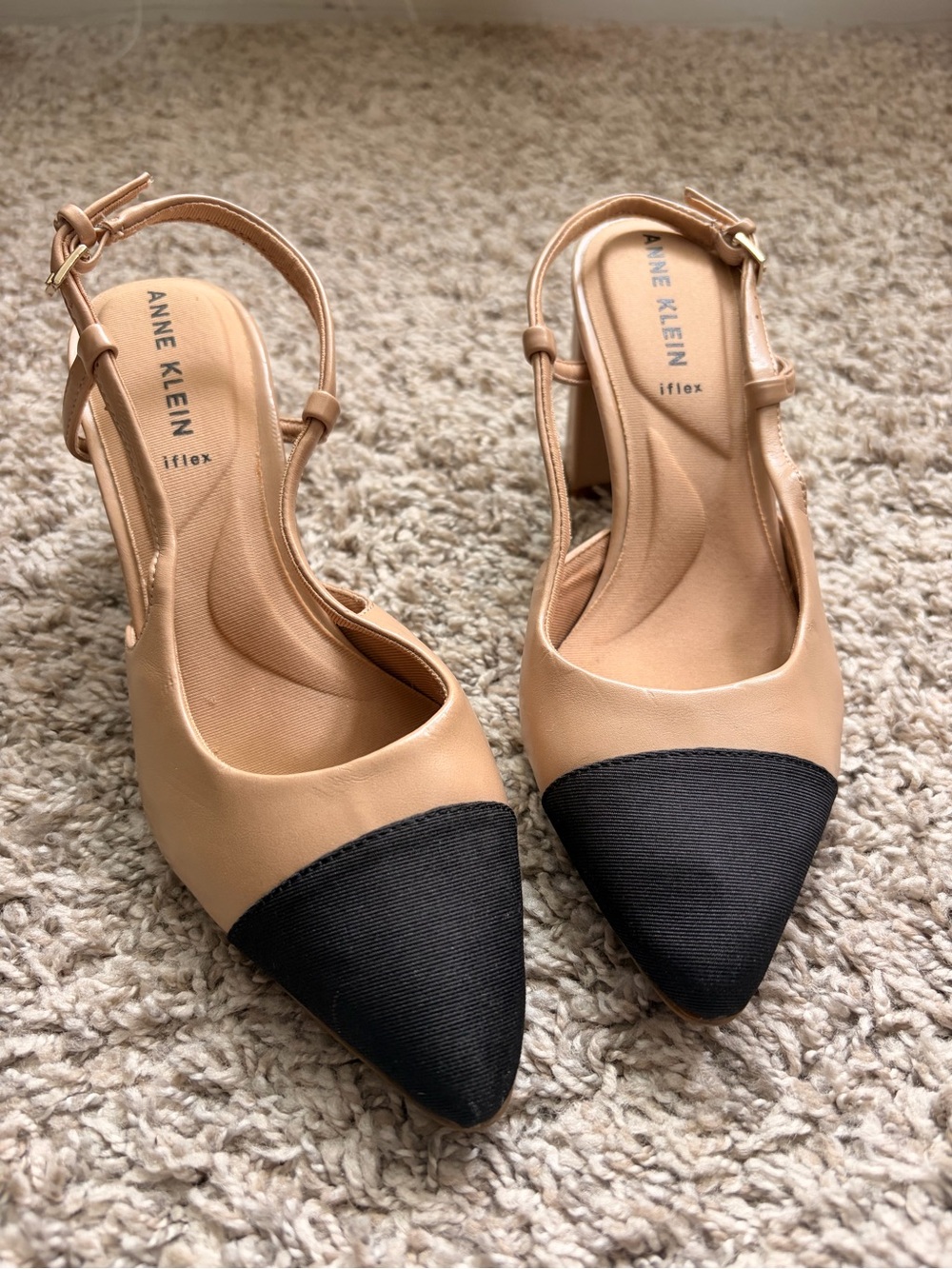 Anne Klein Nude and Black Pointed Slingback Heels